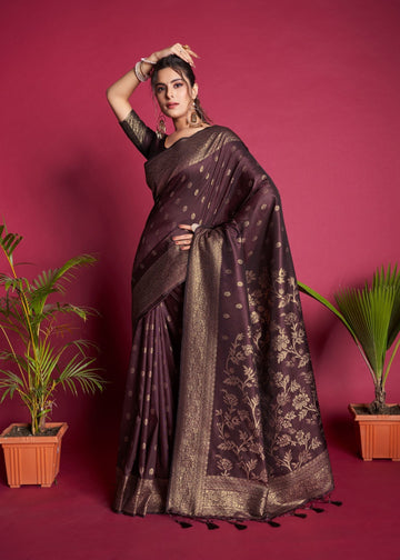 Brown color banarasi silk saree with zari weaving work