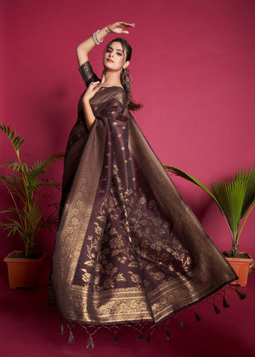 Brown Banarasi Silk Saree With Zari Weaving Work