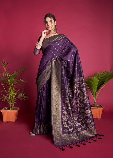Wine Banarasi Raw Silk With Zari Weaving Work