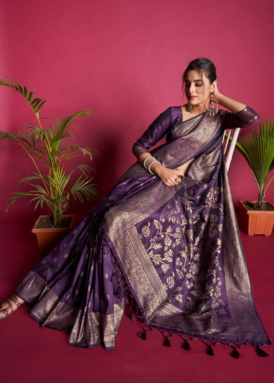 Wine Banarasi Raw Silk With Zari Weaving Work