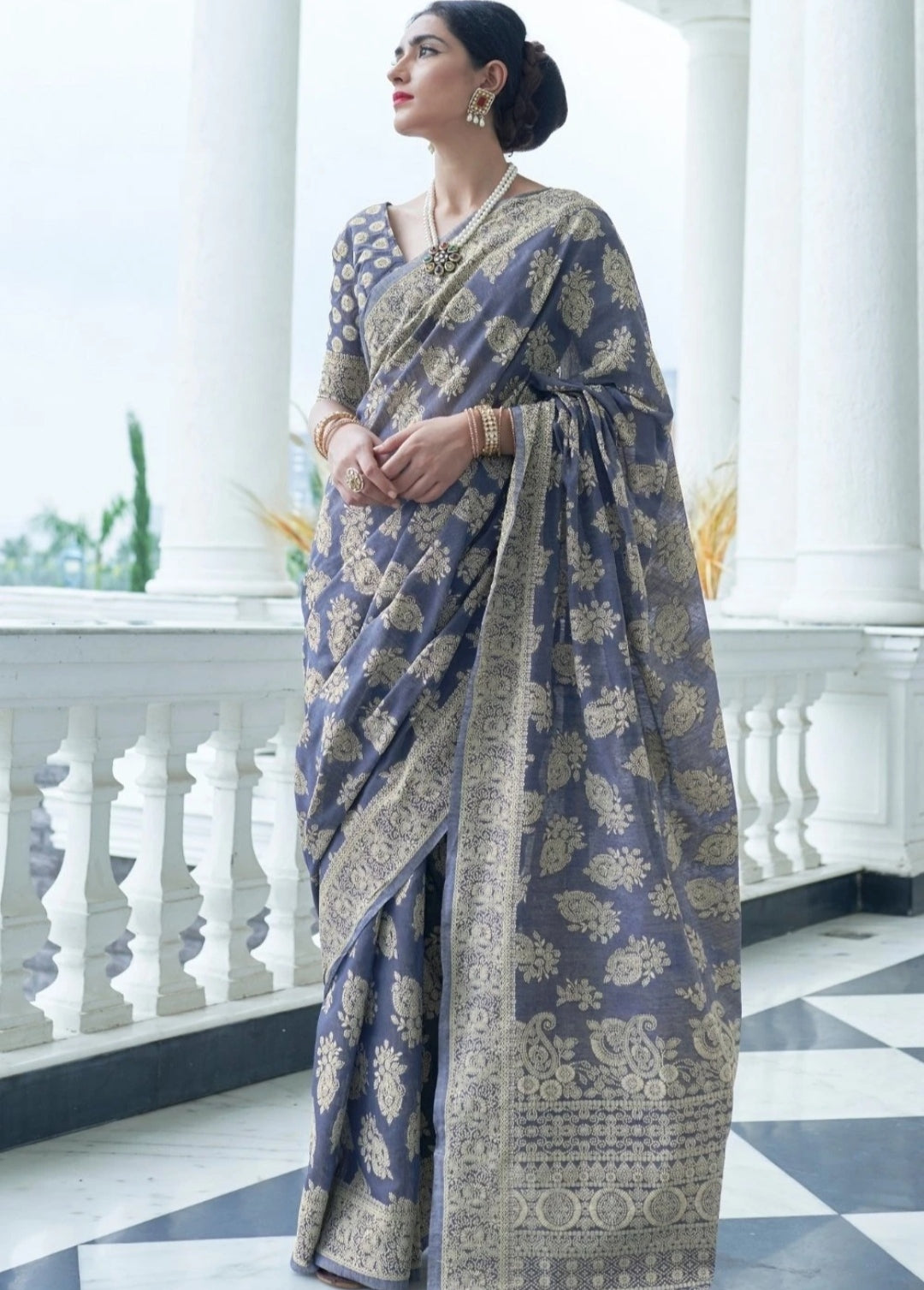 Manatee Bluish Grey Chikankari Woven Saree
