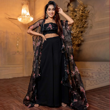 Black Floral Top & Palazzo And Shrug (Set Of 3)