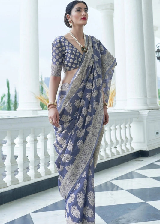 Manatee Bluish Grey Chikankari Woven Saree