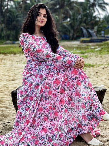 Women's Premium Readymade Flower Print Faux ORGANJA Designer Gown With Dupatta and Belt