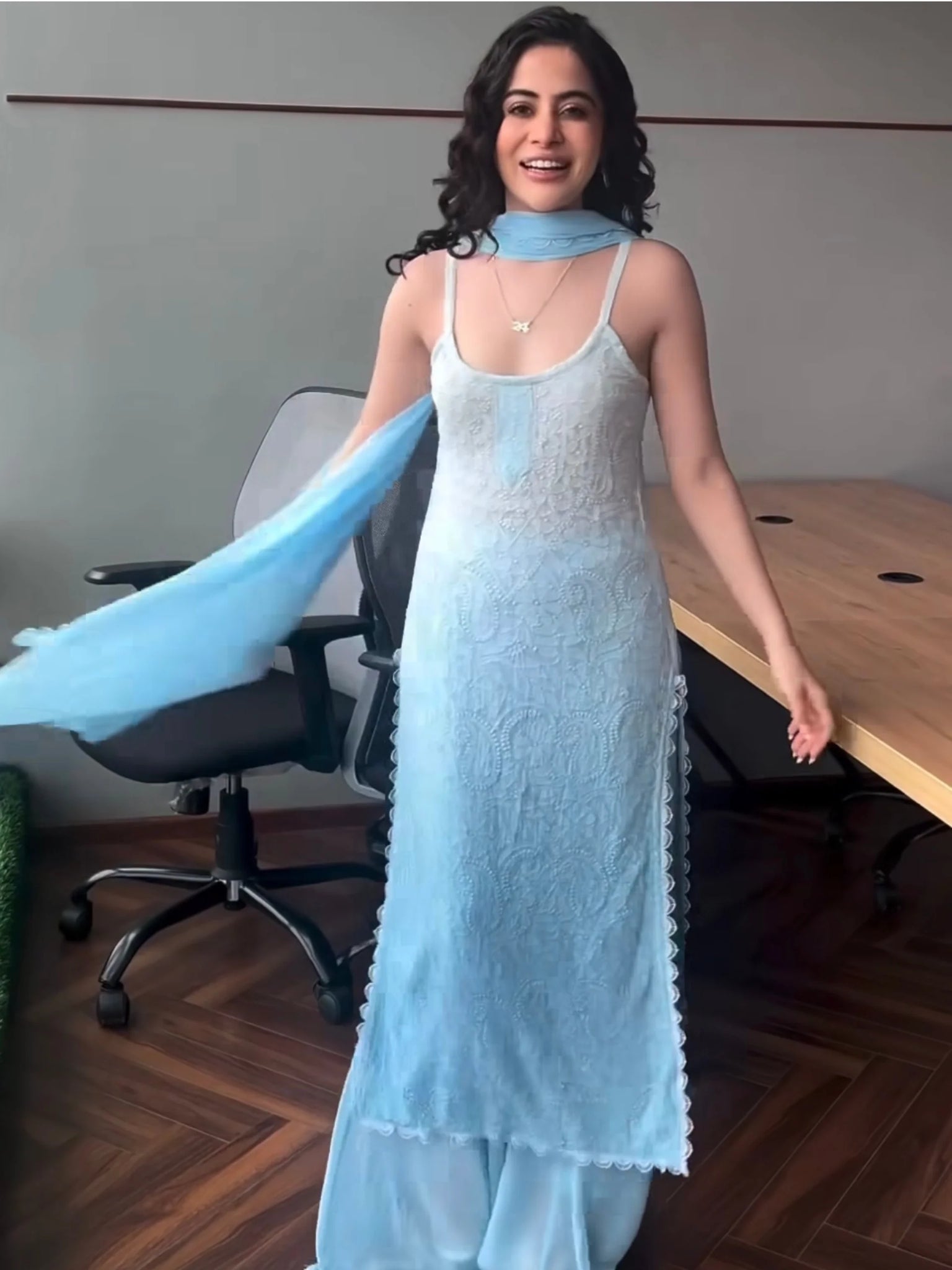 Dreamy Frost Chikankari  Strappy Kurta Set (set of 3)