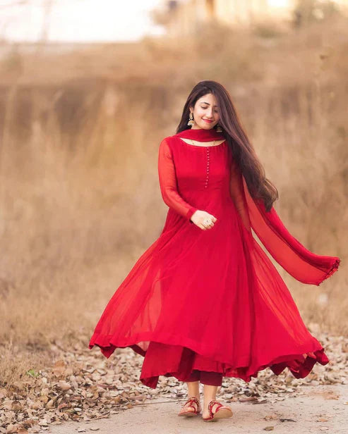 Women Beautiful Ethnic Gown With Dupatta Fox Georgette Red