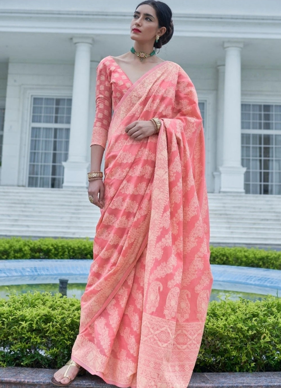 New York Pink Chikankari Woven Saree