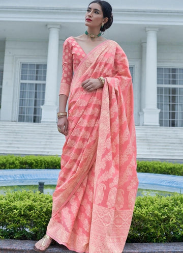 New York Pink Chikankari Woven Saree