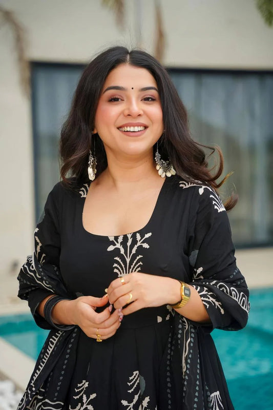 Pure Cotton Black Anarkali Suit Set