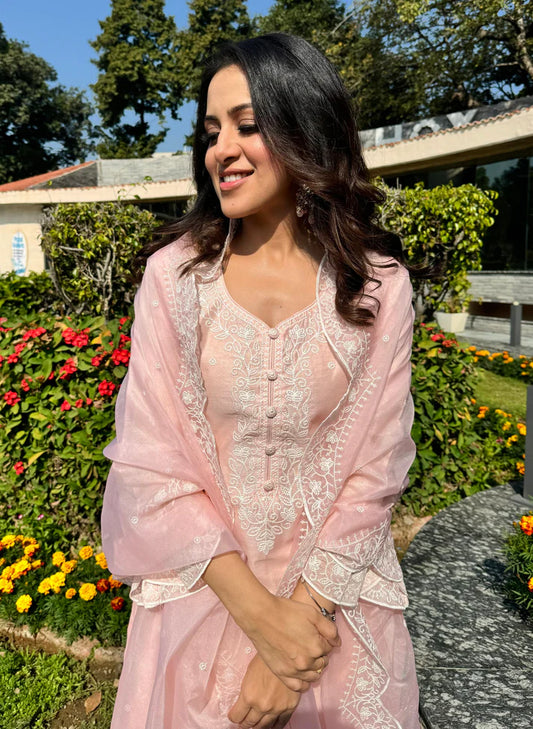 Peach Pink Embroidered Suit Set.