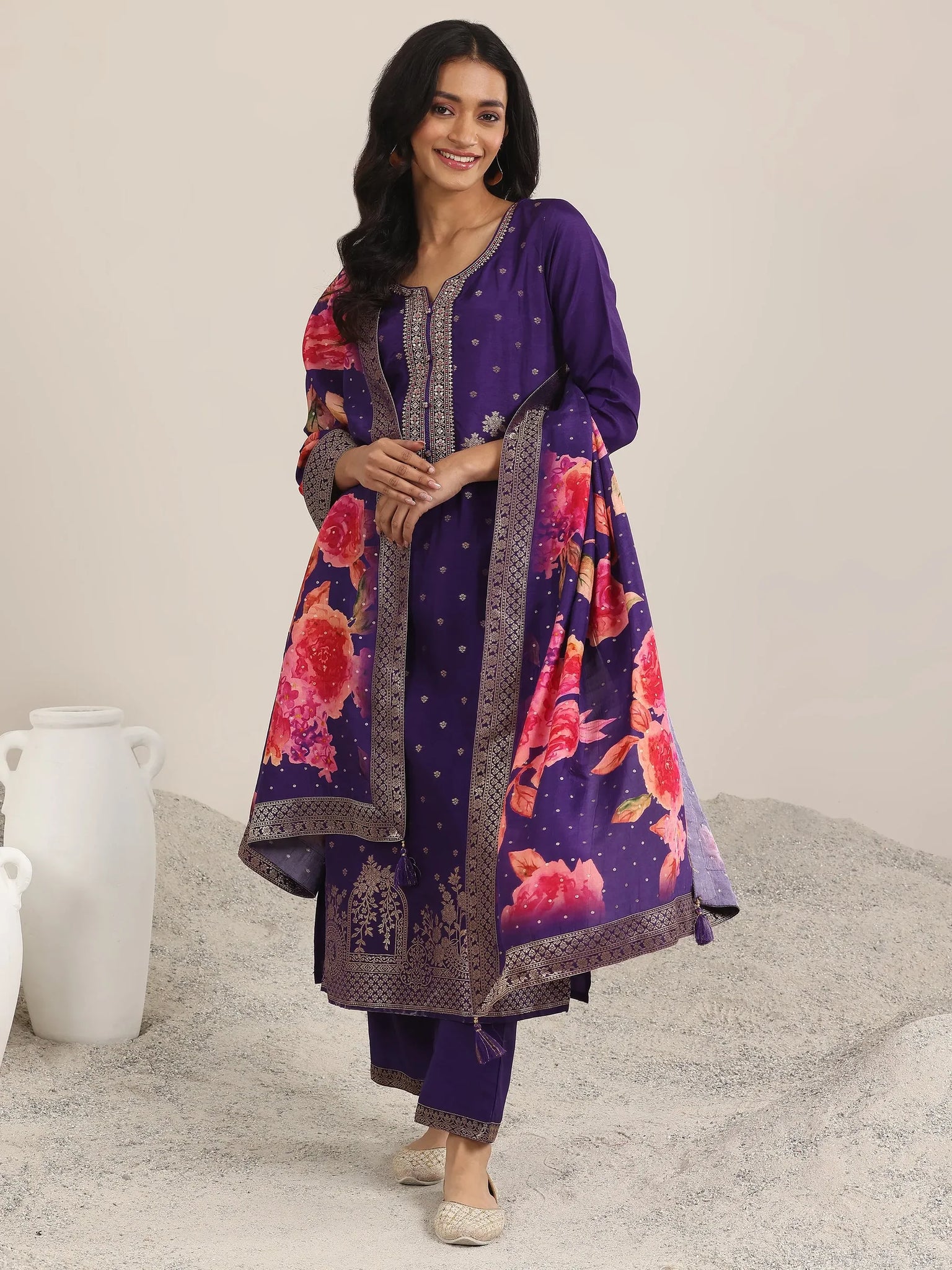Purple Woven Design Silk Blend Straight Suit With Dupatta
