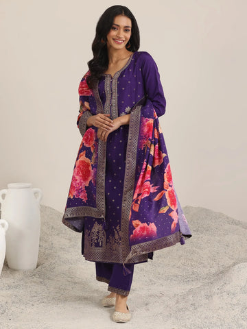 Purple Woven Design Silk Blend Straight Suit With Dupatta