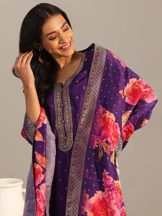 Purple Woven Design Silk Blend Straight Suit With Dupatta