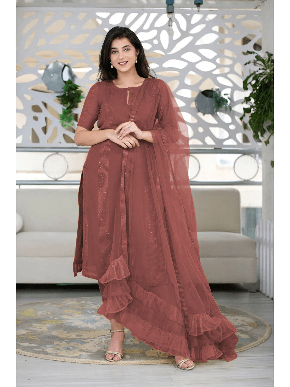 Rust Kurta With Ruffle Dupatta Set