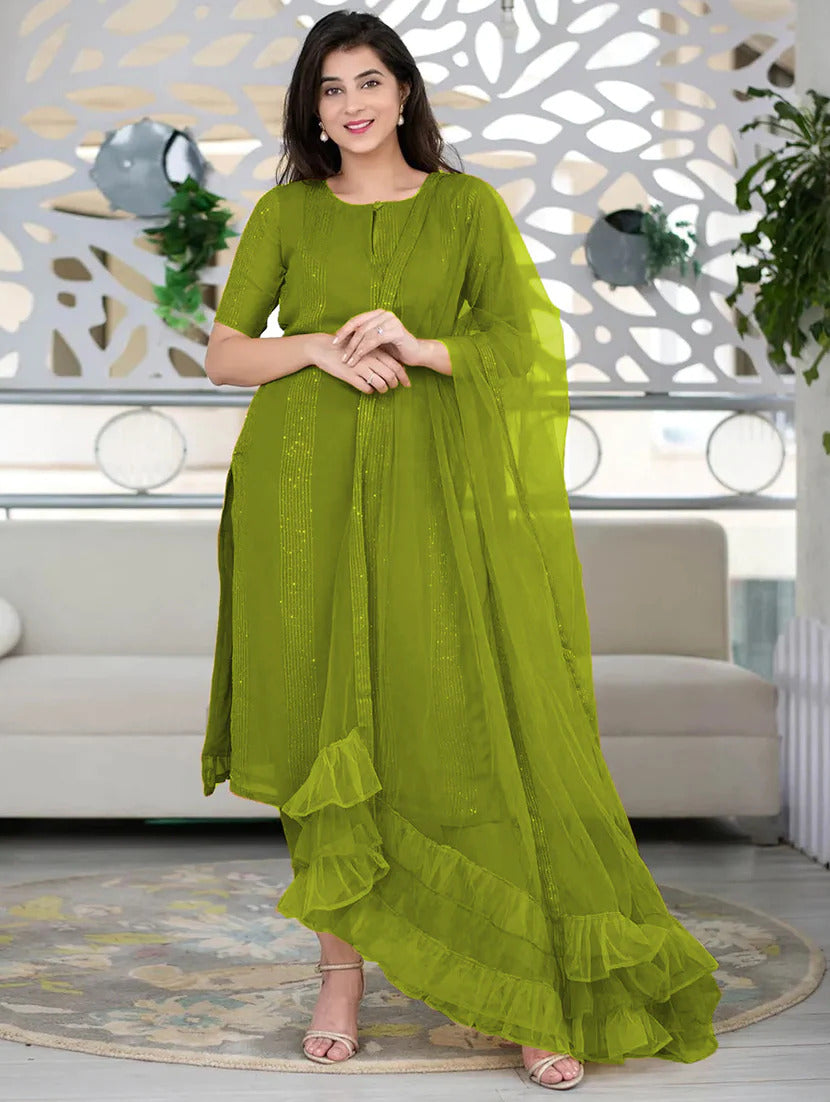 Green Kurta With Ruffle DupattaSet
