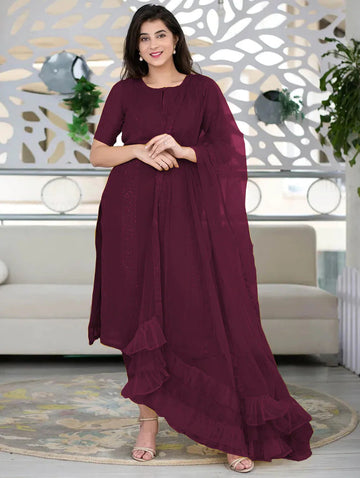 Wine Kurta With Ruffle Dupatta Set