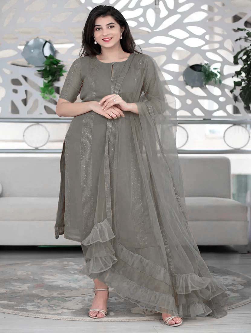 Grey Kurta With Ruffle Dupatta Set