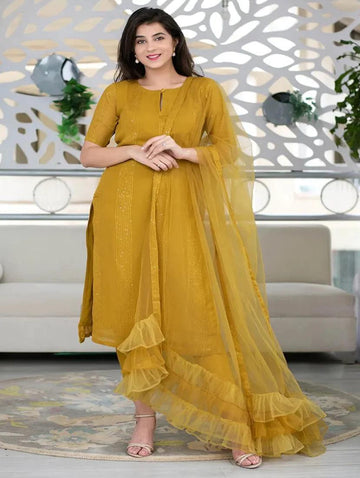 Yellow Cotton Straight Kurta With Ruffle Dupatta Sets
