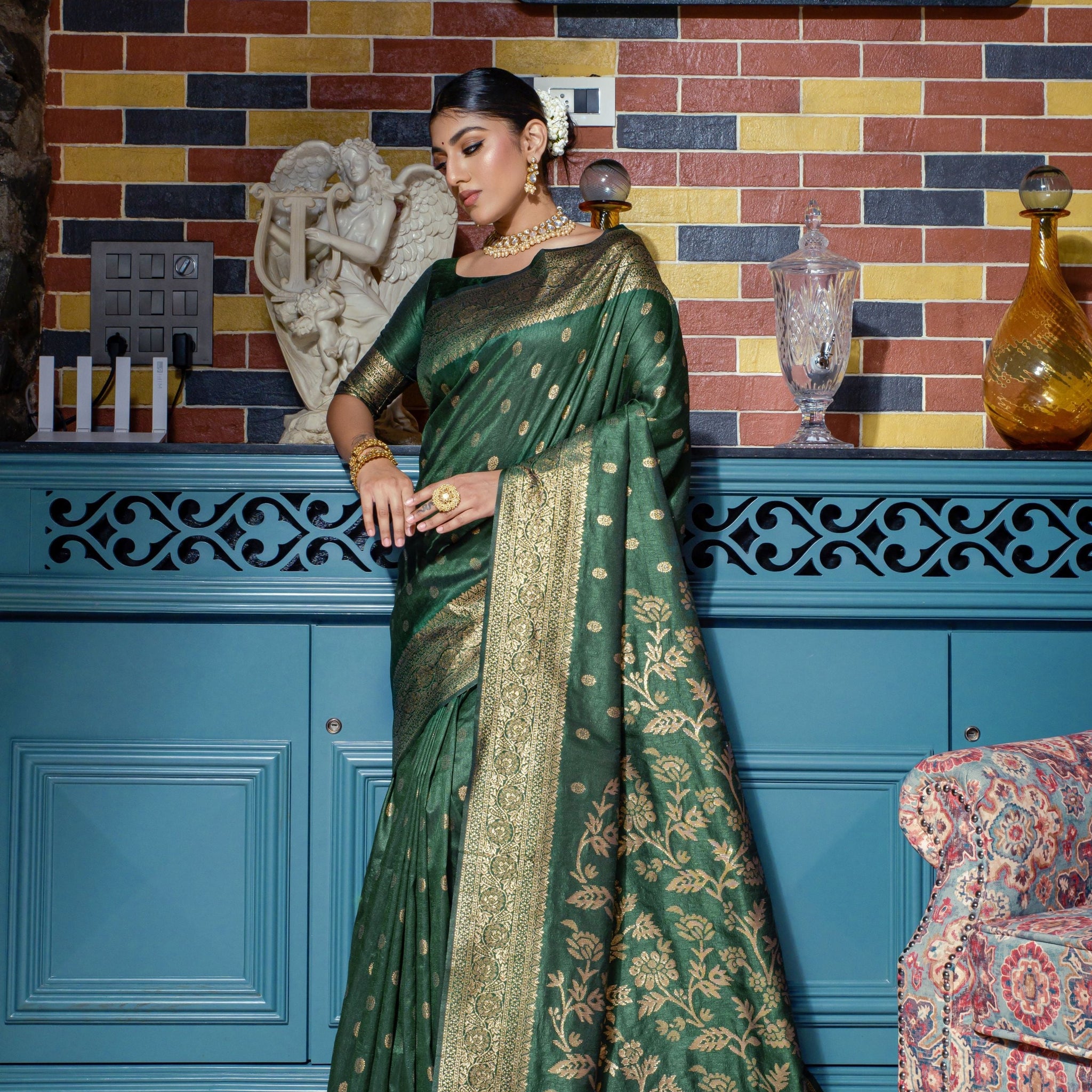 Dark Green color banarasi silk saree with zari weaving work