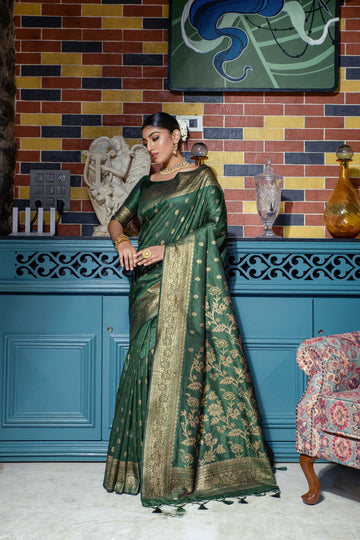 Topnotch Banarasi Silk Weaving Green Classic Designer Saree