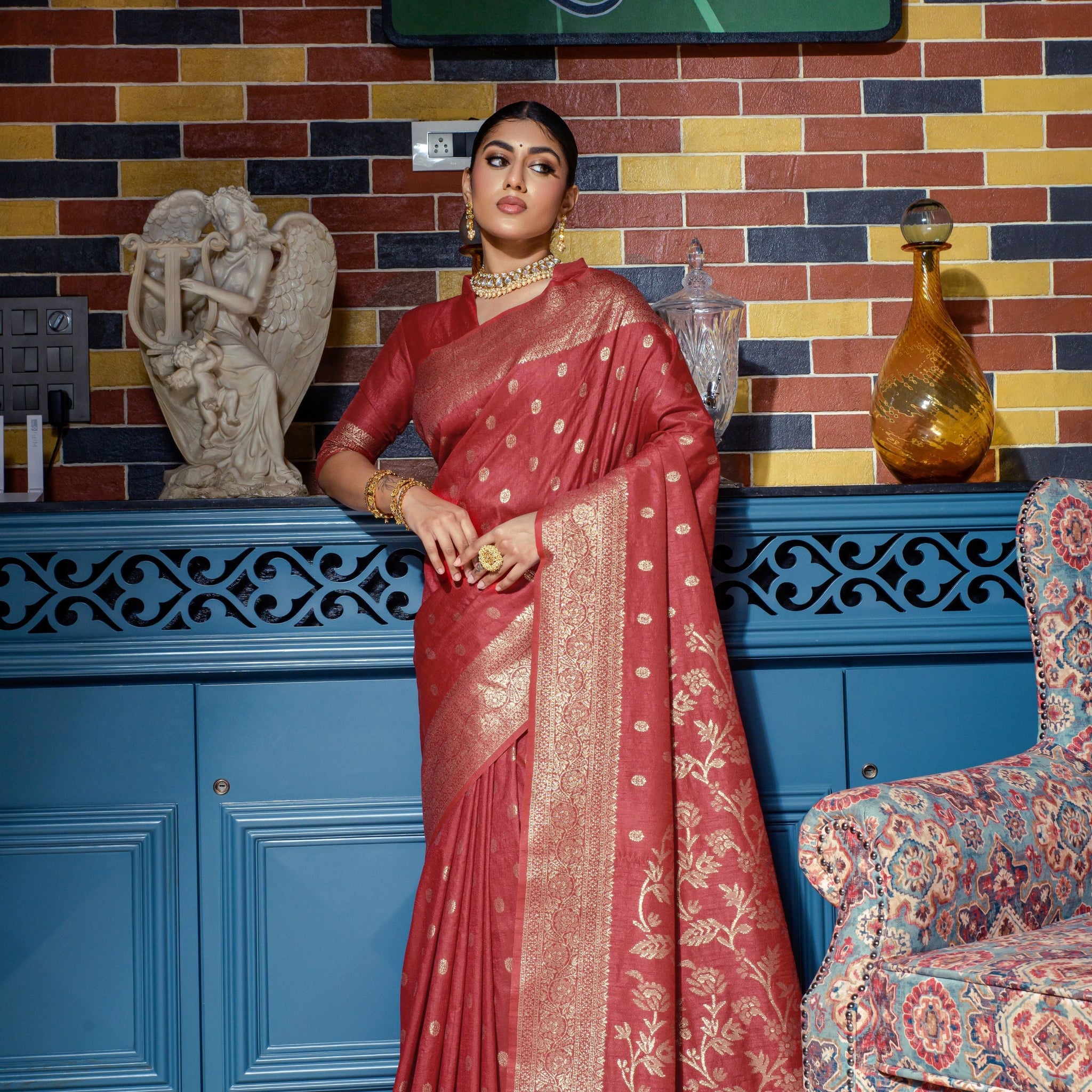 Maroon color banarasi silk saree with zari weaving work