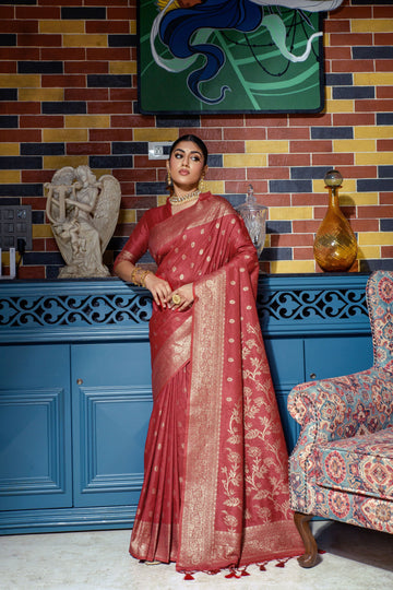 Maroon color banarasi silk saree with zari weaving work