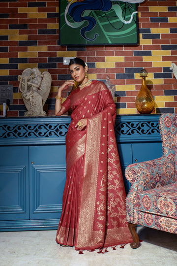 Oxblood Red Zari Weaving Banarasi Silk Designer Saree