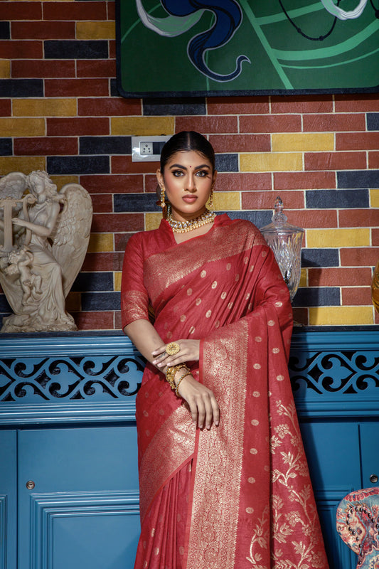 Oxblood Red Zari Weaving Banarasi Silk Designer Saree