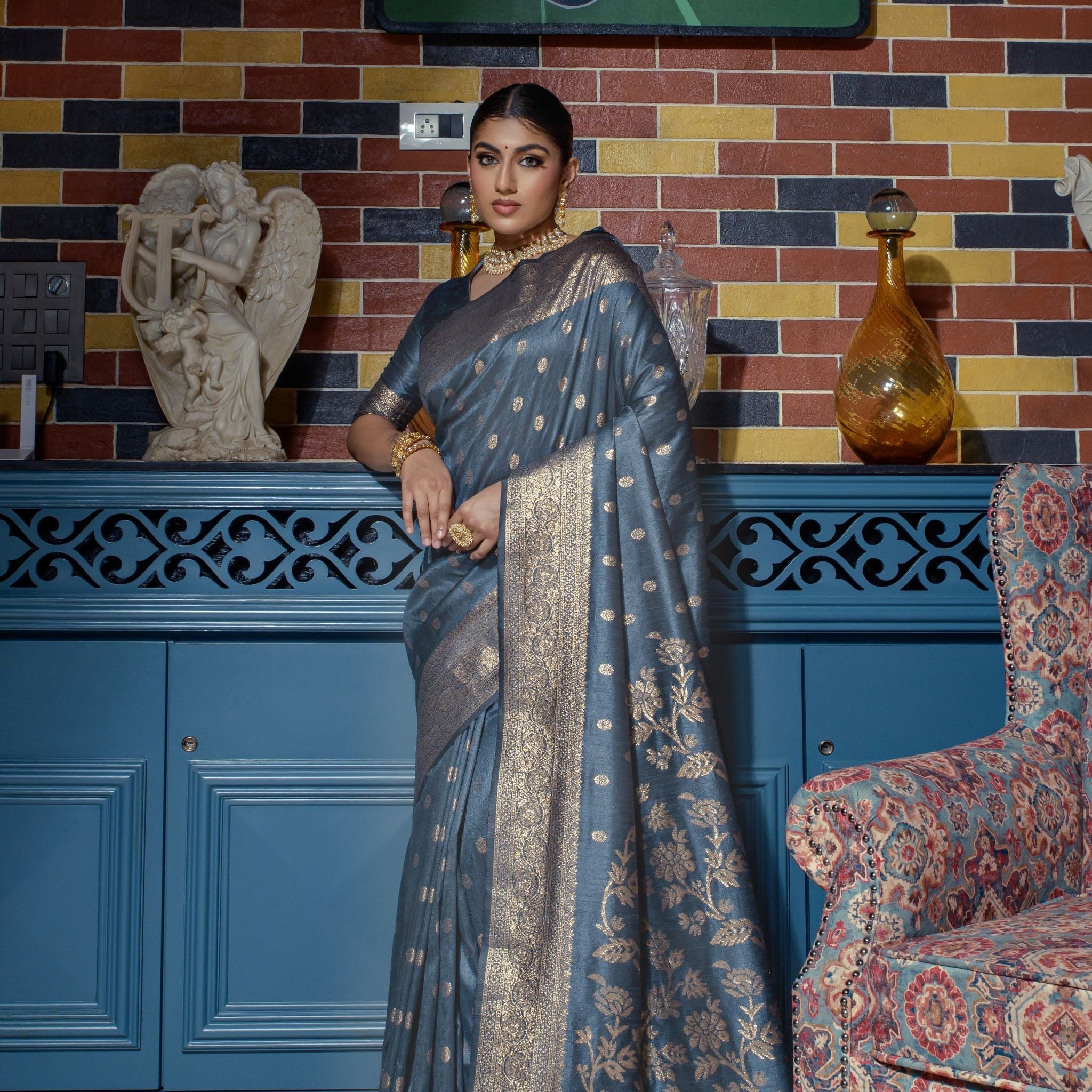 Grey color banarasi silk saree with zari weaving work