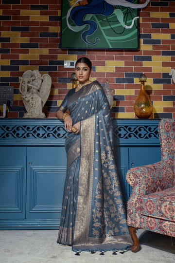 Grey color banarasi silk saree with zari weaving work