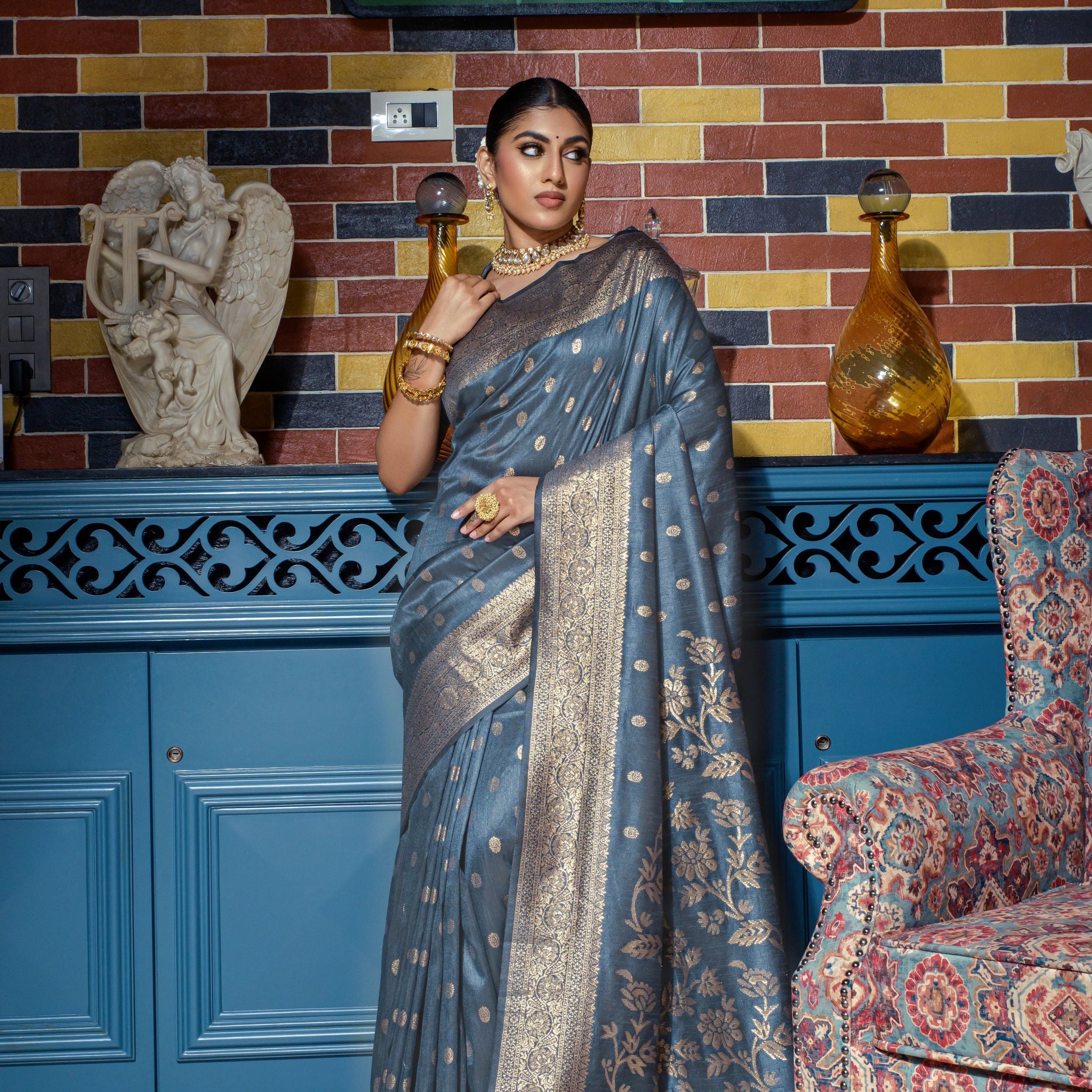 Slate Grey Zari Weaving Banarasi Silk Designer Saree