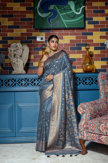 Slate Grey Zari Weaving Banarasi Silk Designer Saree