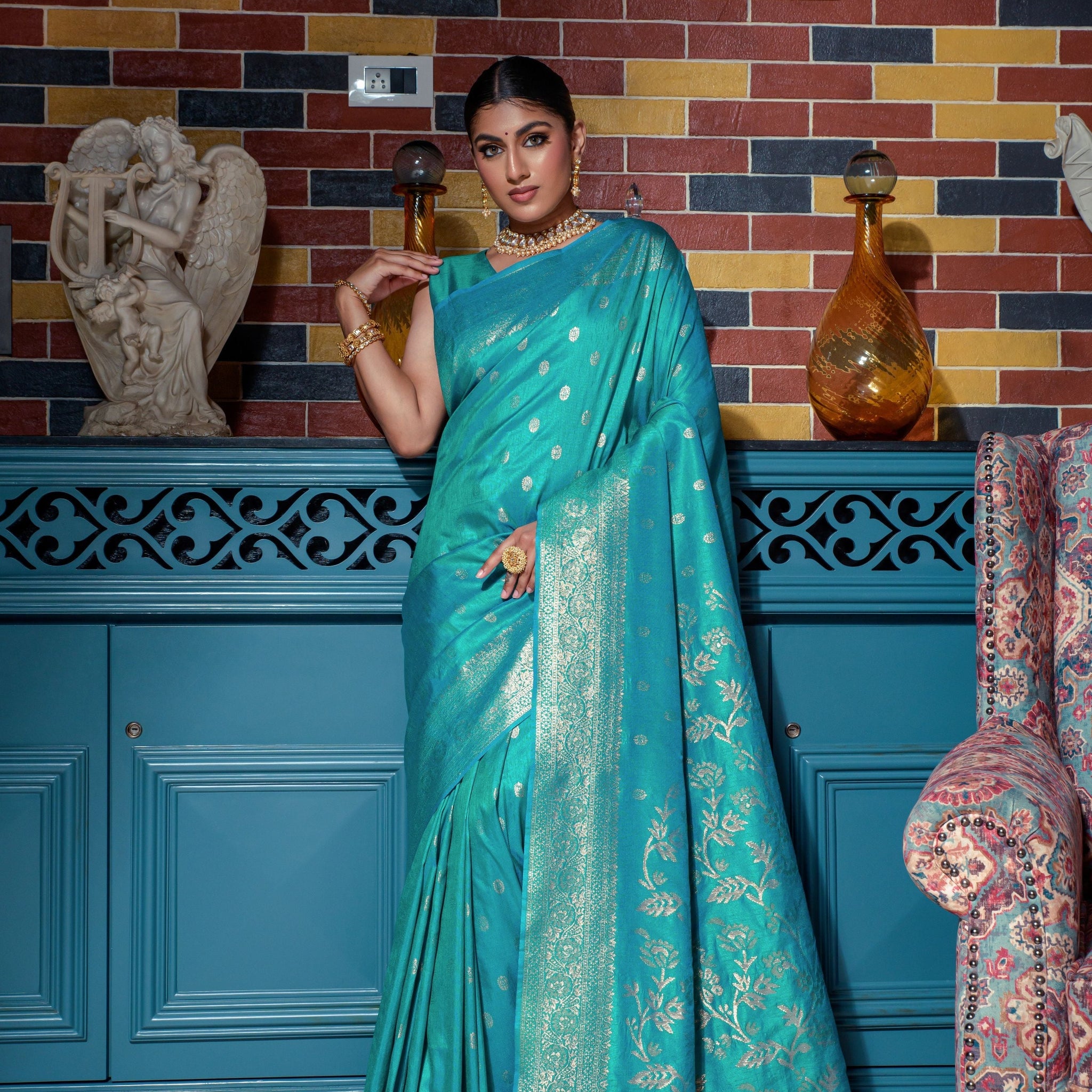 Aqua Blue color banarasi silk saree with zari weaving work