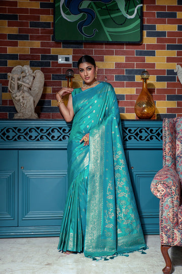 Aqua Blue color banarasi silk saree with zari weaving work