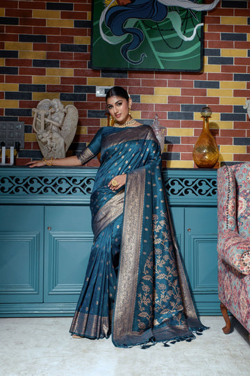 Rama Blue color banarasi silk saree with zari weaving work
