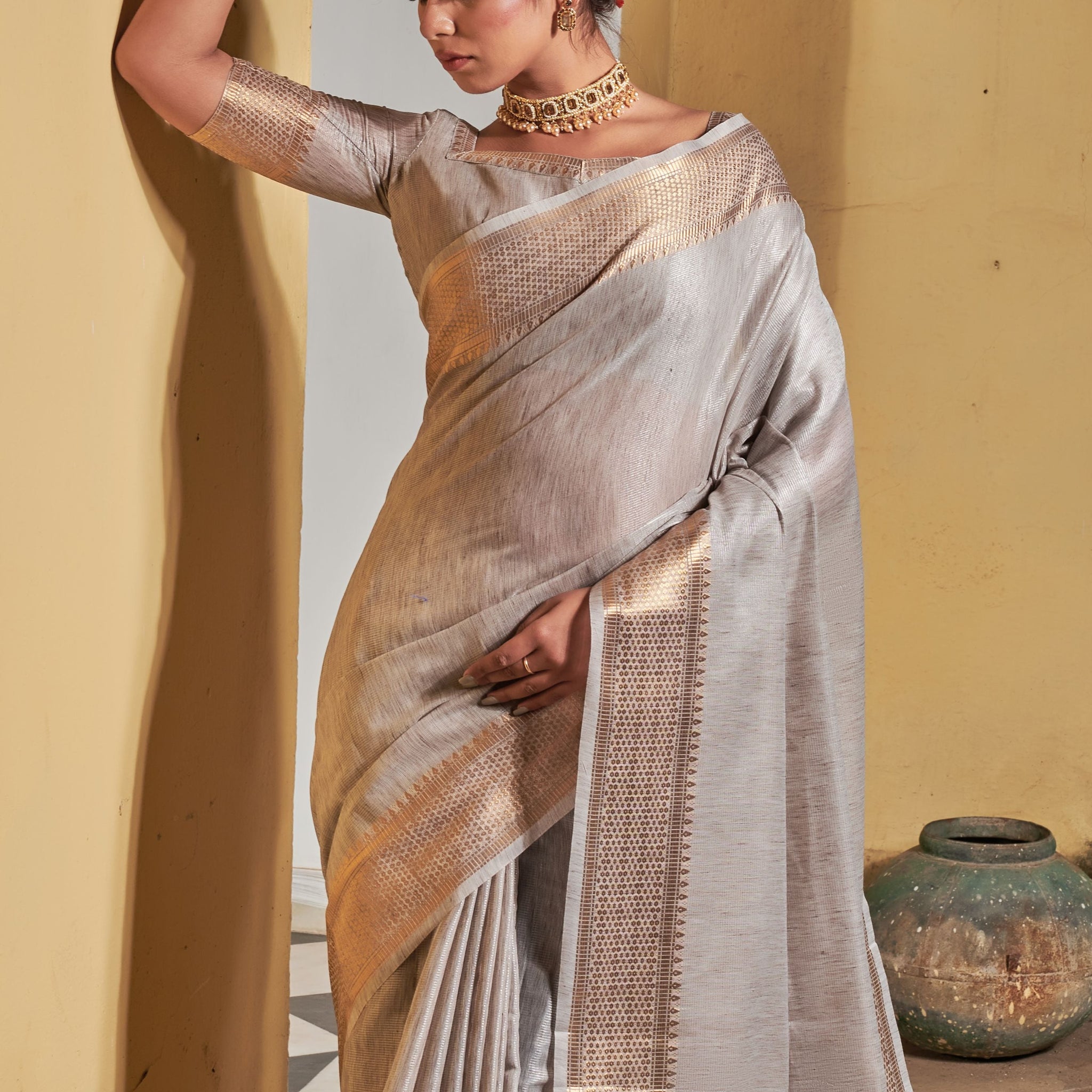 Premium Grey Golden Zari Worked Heavy Banarasi Saree