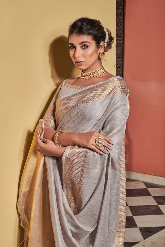 Premium Grey Golden Zari Worked Heavy Banarasi Saree