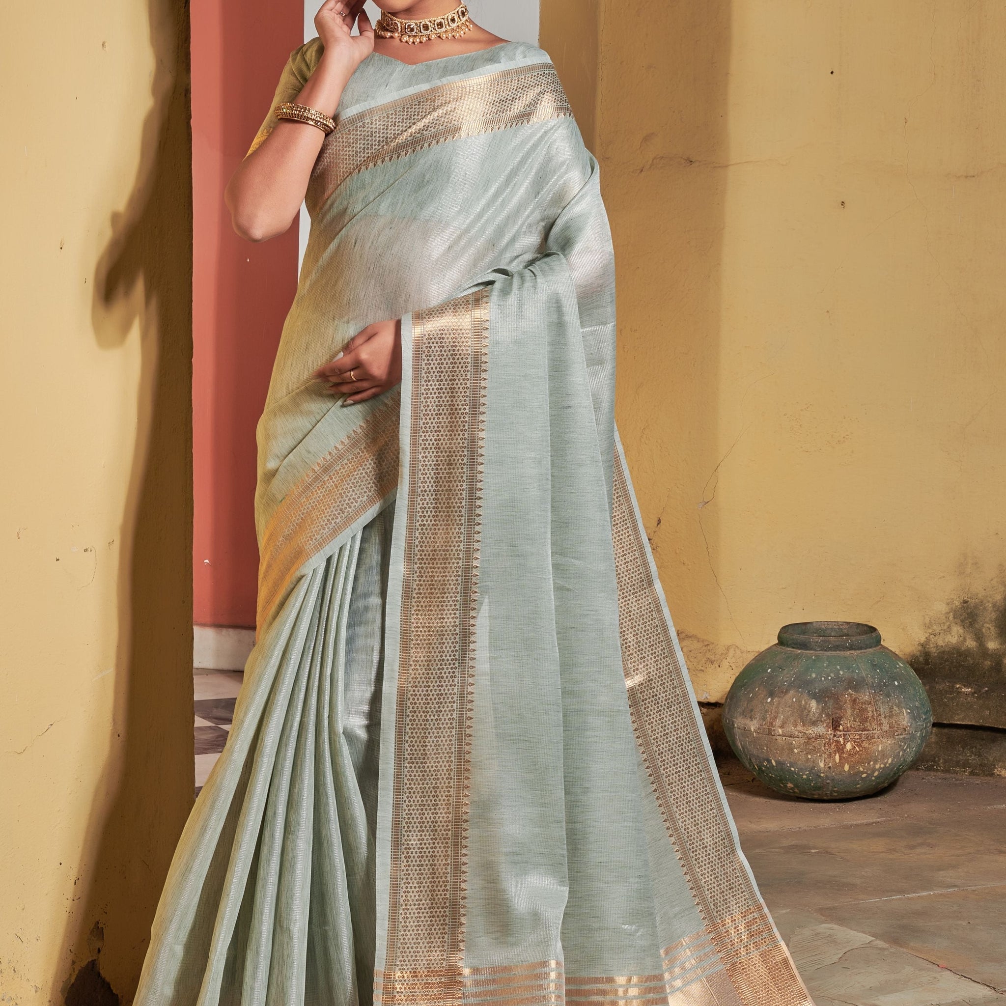 Mint Green Maheshwari Silk Saree