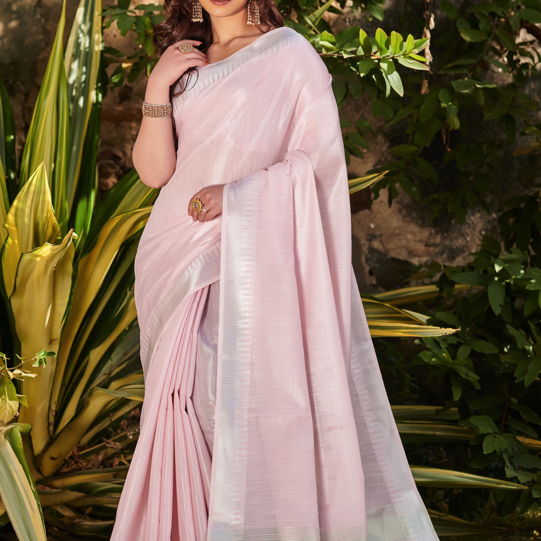 Oyster Pink Zari Woven Tissue Linen Saree