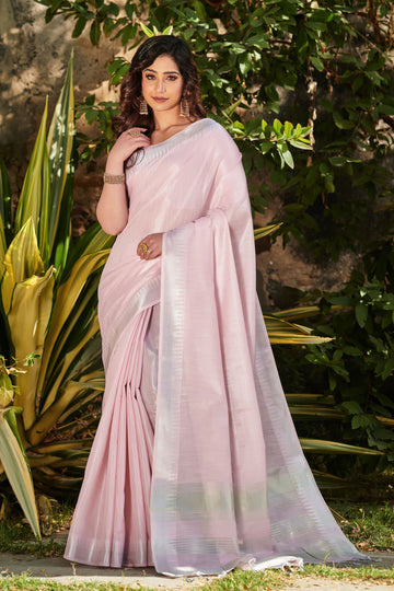 Oyster Pink Zari Woven Tissue Linen Saree