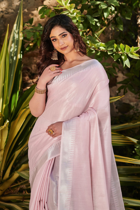 Oyster Pink Zari Woven Tissue Linen Saree