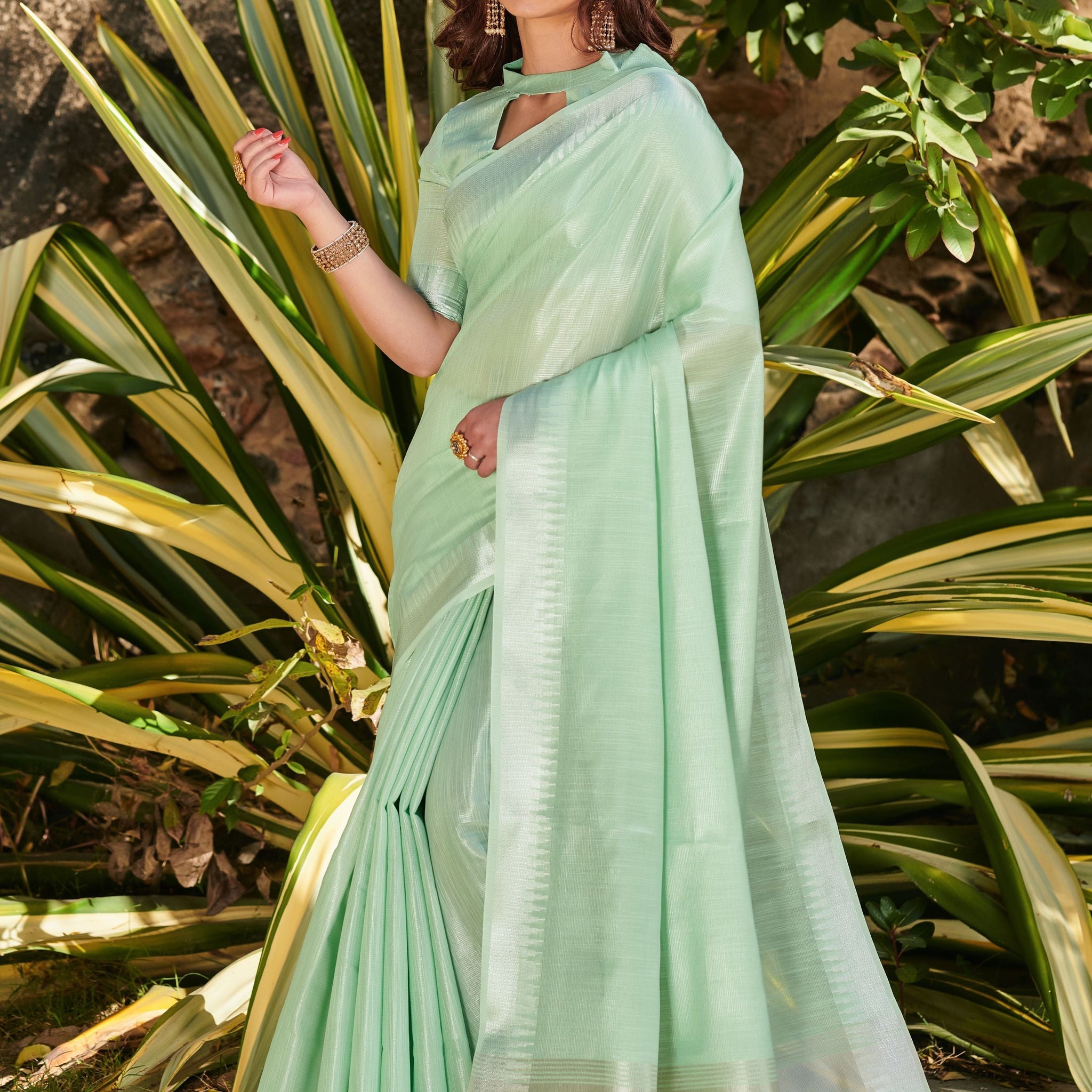 Rainee Green Zari Woven Tissue Linen Saree