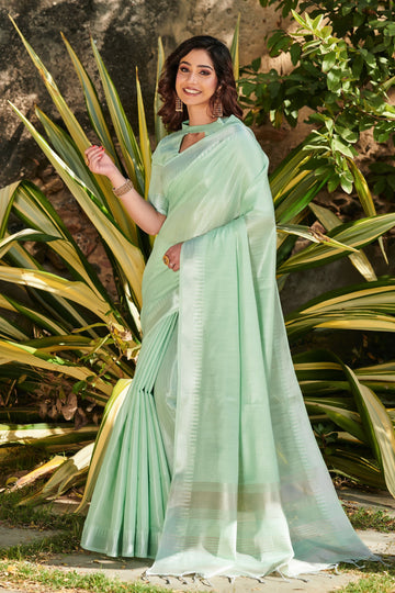 Rainee Green Zari Woven Tissue Linen Saree