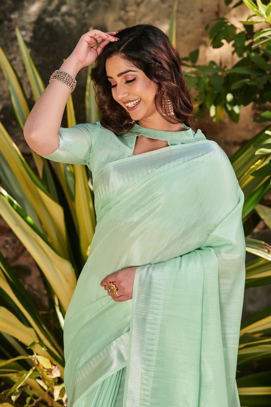 Rainee Green Zari Woven Tissue Linen Saree