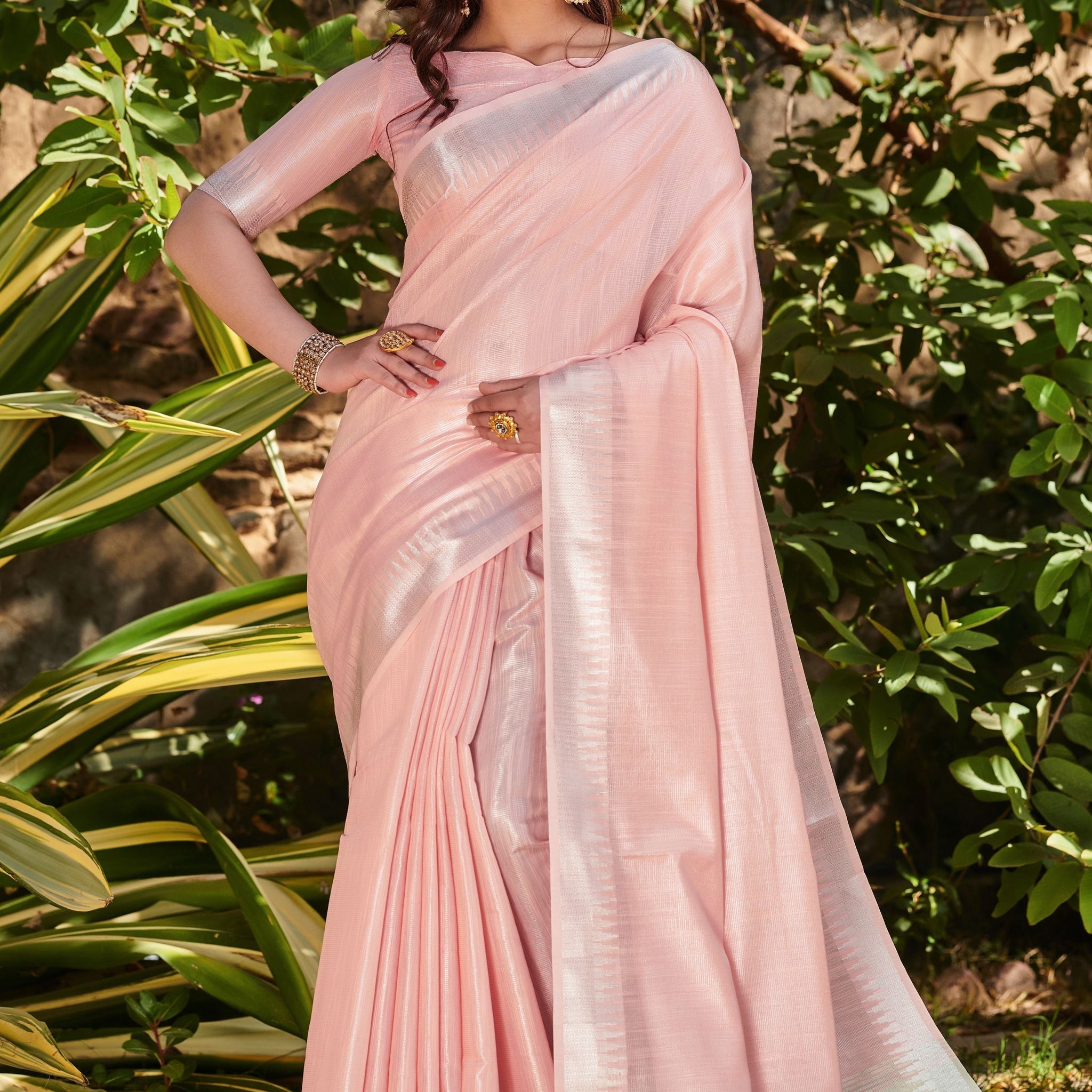 Pink Zari Woven Tissue Linen Saree