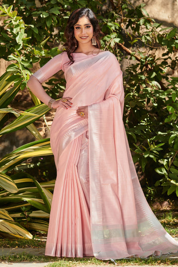 Pink Zari Woven Tissue Linen Saree