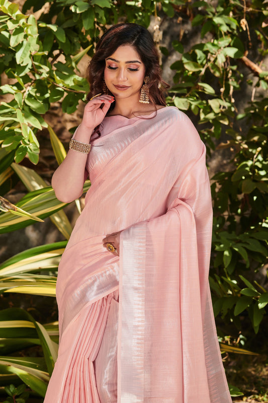 Pink Zari Woven Tissue Linen Saree