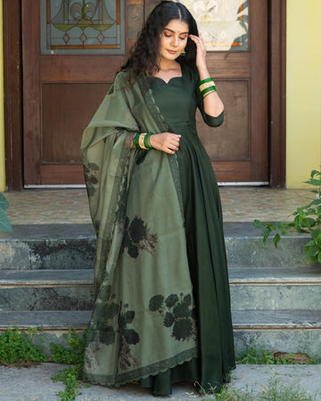 Bottle Green Upada Dress With Dupatta - Set Of Two