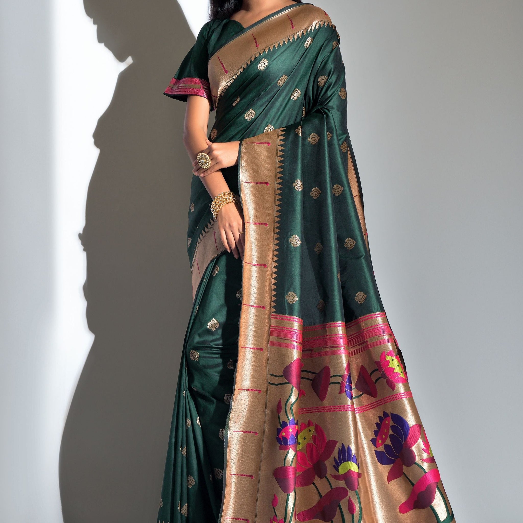 Green Banarasi Soft Silk Paithani With Zari Border Saree