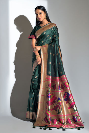 Green Banarasi Soft Silk Paithani With Zari Border Saree